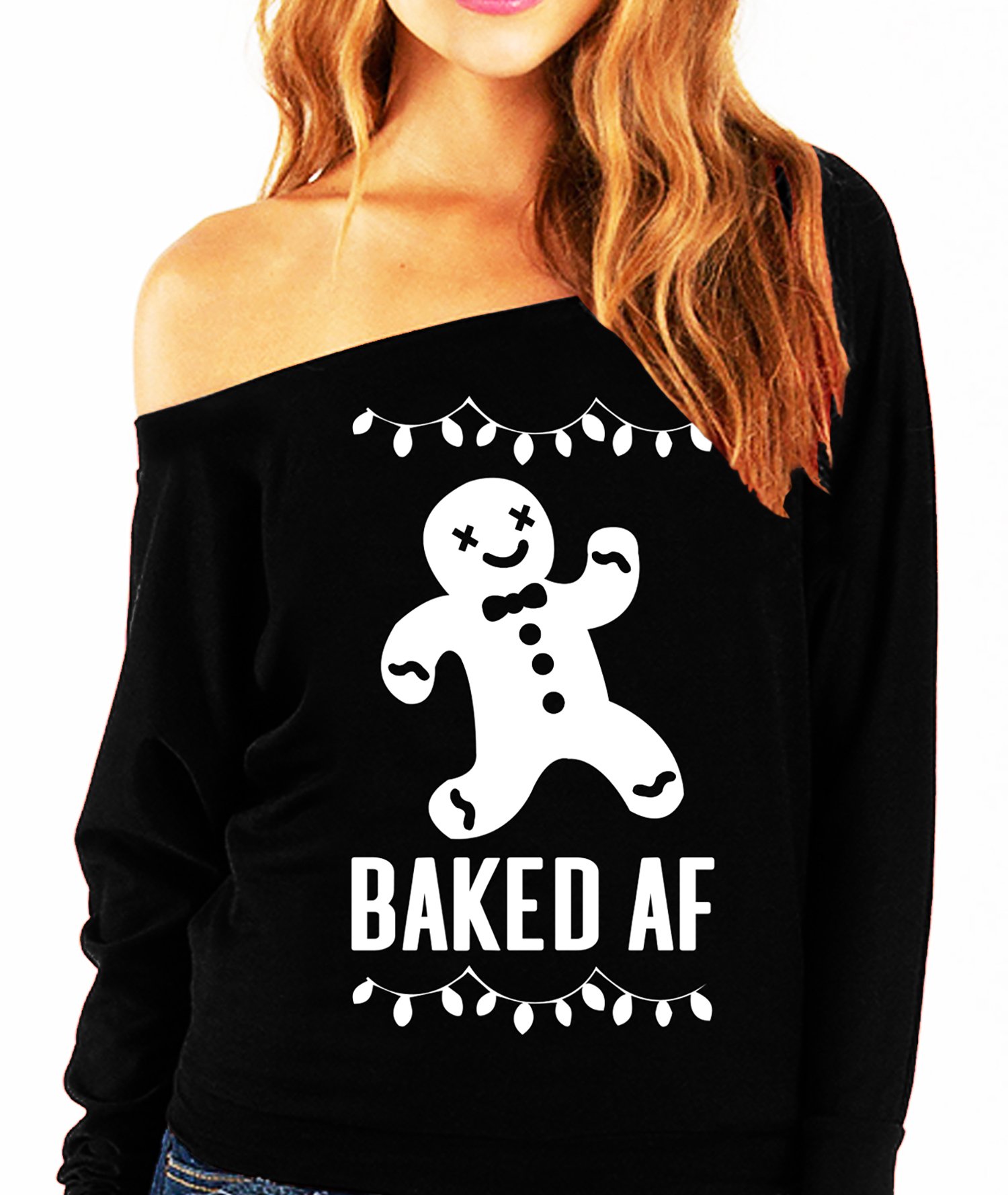 BAKED AF Christmas Slouchy Off Shoulder Sweatshirt in Scarlet color, showcasing its relaxed fit and festive design.