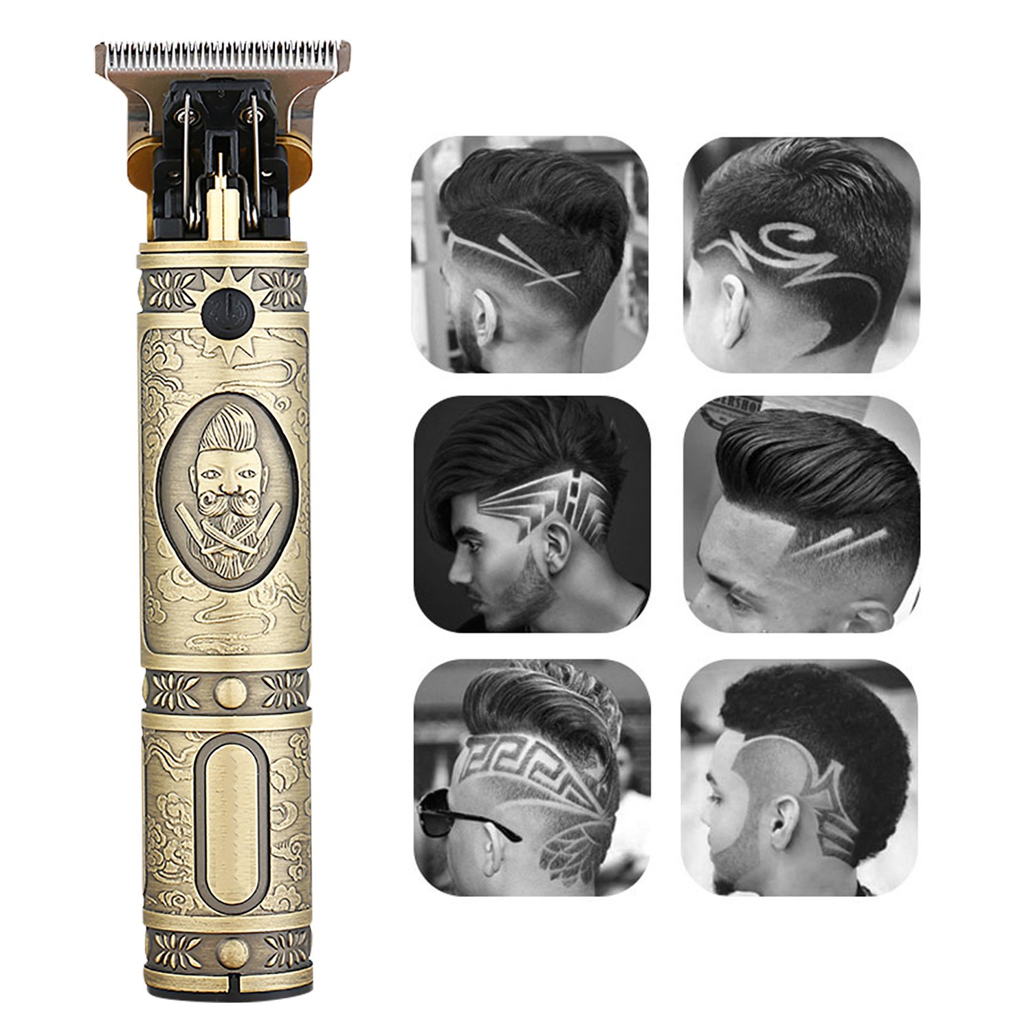 Baldheaded Hair Clipper Oil Head Cordless Trimmer Heavy Hitter with gold finish, ergonomic design, and cutting guide combs.