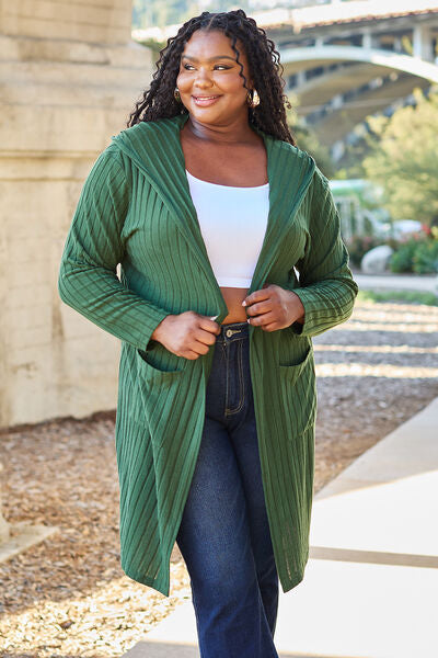 Basic Bae Full Size Hooded Sweater Cardigan in a stylish design, featuring pockets and a cozy hood.