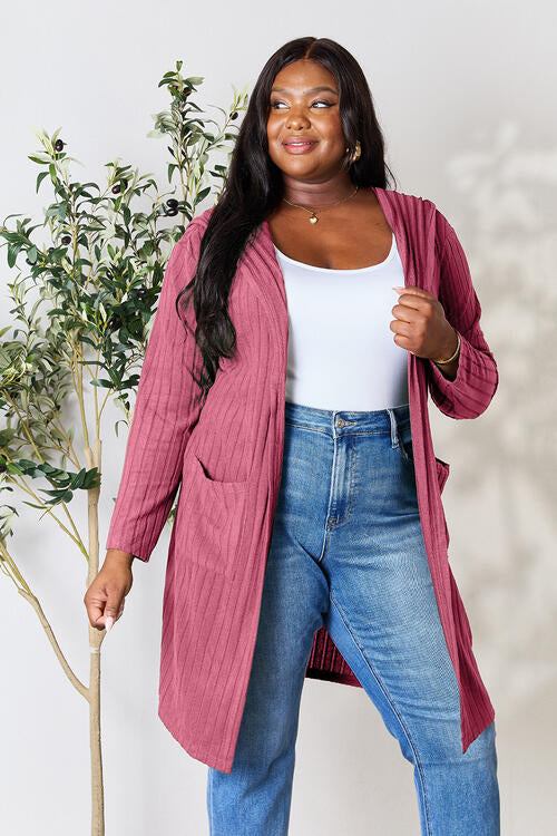 Basic Bae Full Size Hooded Sweater Cardigan in a stylish design, featuring pockets and a cozy hood.