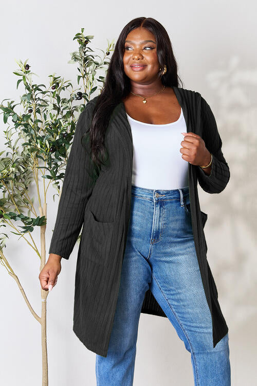 Basic Bae Full Size Hooded Sweater Cardigan in a stylish design, featuring pockets and a cozy hood.