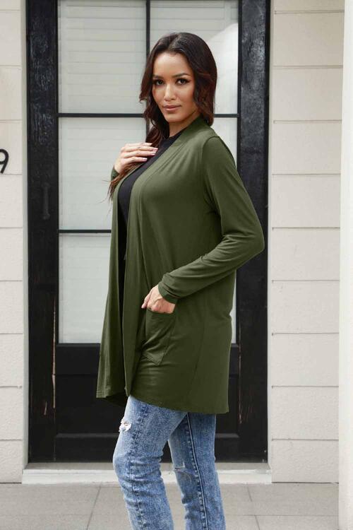 Basic Bae Full Size Open Front Long Sleeve Cardigan with Pockets in a stylish design, showcasing its open front and pockets.