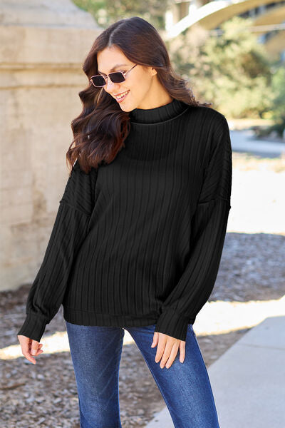 Basic Bae Full Size Ribbed Mock Neck Knit Top in various colors, showcasing its ribbed texture and mock neck design.