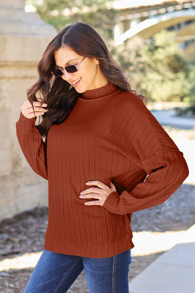 Basic Bae Full Size Ribbed Mock Neck Knit Top in various colors, showcasing its ribbed texture and mock neck design.