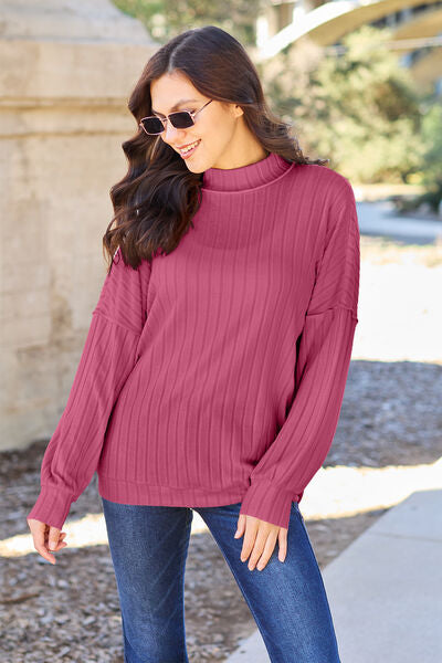 Basic Bae Full Size Ribbed Mock Neck Knit Top in various colors, showcasing its ribbed texture and mock neck design.