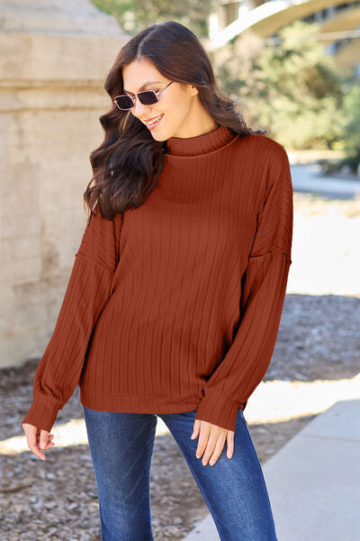 Basic Bae Full Size Ribbed Mock Neck Knit Top in various colors, showcasing its ribbed texture and mock neck design.