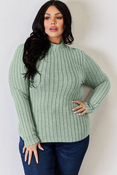 Basic Bae Full Size Ribbed Mock Neck Long Sleeve T-Shirt in various sizes, showcasing its ribbed texture and mock neck design.