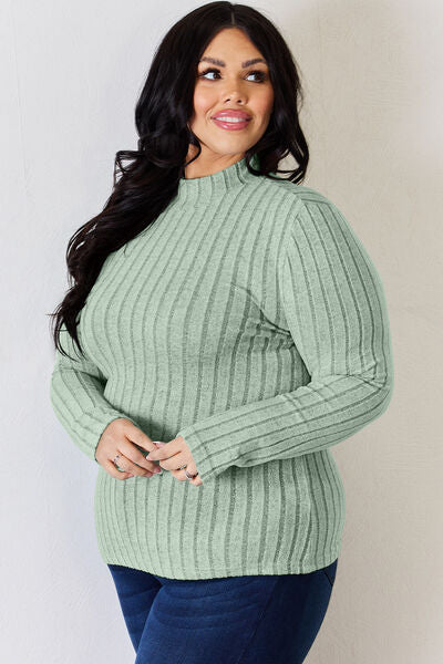 Basic Bae Full Size Ribbed Mock Neck Long Sleeve T-Shirt in various sizes, showcasing its ribbed texture and mock neck design.