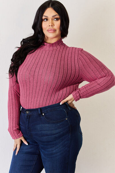 Basic Bae Full Size Ribbed Mock Neck Long Sleeve T-Shirt in various sizes, showcasing its ribbed texture and mock neck design.