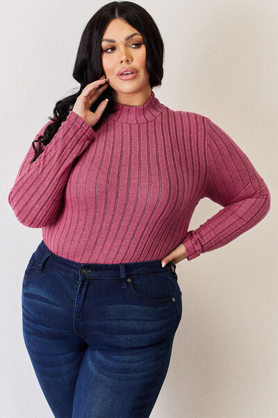 Basic Bae Full Size Ribbed Mock Neck Long Sleeve T-Shirt in various sizes, showcasing its ribbed texture and mock neck design.