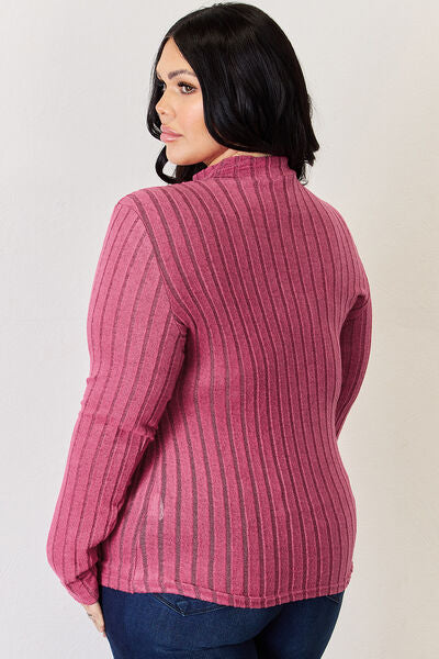 Basic Bae Full Size Ribbed Mock Neck Long Sleeve T-Shirt in various sizes, showcasing its ribbed texture and mock neck design.