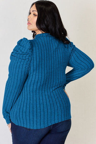 Basic Bae Full Size Ribbed Mock Neck Puff Sleeve T-Shirt in black, featuring ruched design and puff sleeves.