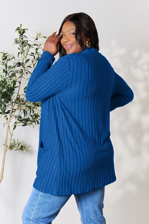 Basic Bae Full Size Ribbed Open Front Cardigan in a stylish ribbed design with pockets, showcasing its comfortable fit and versatile style.