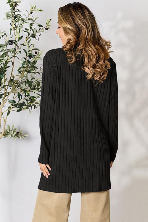 Basic Bae Full Size Ribbed Open Front Cardigan in a stylish ribbed design with pockets, showcasing its comfortable fit and versatile style.