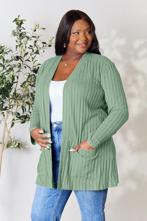 Basic Bae Full Size Ribbed Open Front Cardigan in a stylish ribbed design with pockets, showcasing its comfortable fit and versatile style.