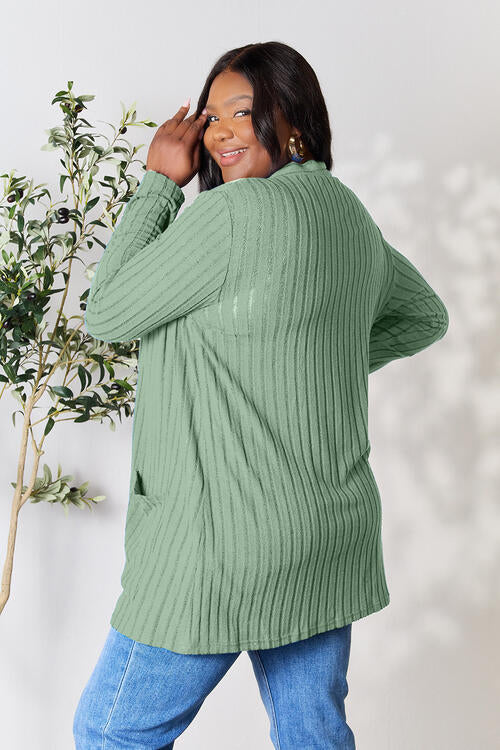 Basic Bae Full Size Ribbed Open Front Cardigan in a stylish ribbed design with pockets, showcasing its comfortable fit and versatile style.