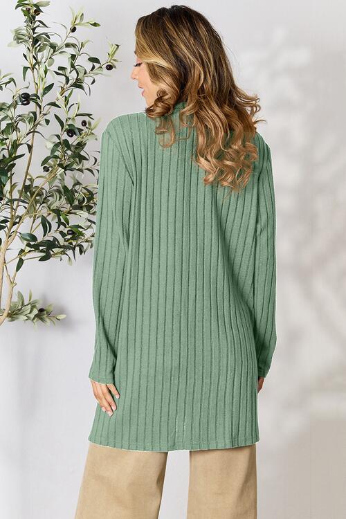 Basic Bae Full Size Ribbed Open Front Cardigan in a stylish ribbed design with pockets, showcasing its comfortable fit and versatile style.