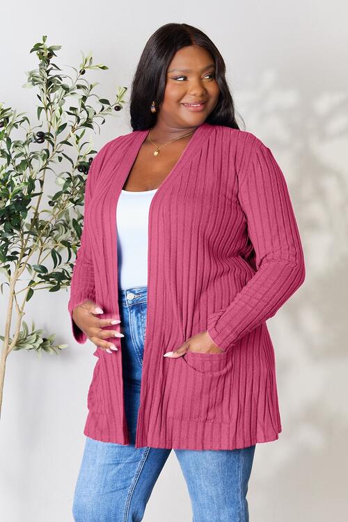 Basic Bae Full Size Ribbed Open Front Cardigan in a stylish ribbed design with pockets, showcasing its comfortable fit and versatile style.