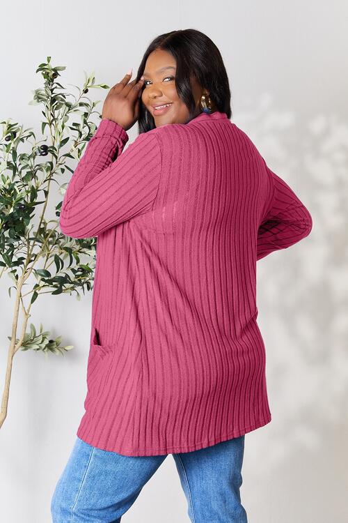 Basic Bae Full Size Ribbed Open Front Cardigan in a stylish ribbed design with pockets, showcasing its comfortable fit and versatile style.