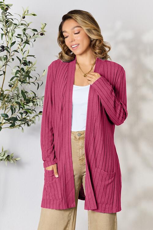 Basic Bae Full Size Ribbed Open Front Cardigan in a stylish ribbed design with pockets, showcasing its comfortable fit and versatile style.