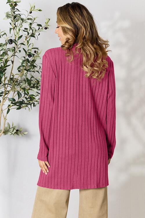 Basic Bae Full Size Ribbed Open Front Cardigan in a stylish ribbed design with pockets, showcasing its comfortable fit and versatile style.
