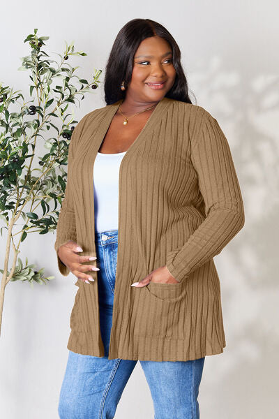 Basic Bae Full Size Ribbed Open Front Cardigan in a stylish ribbed design with pockets, showcasing its comfortable fit and versatile style.