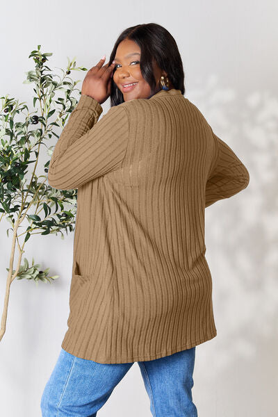 Basic Bae Full Size Ribbed Open Front Cardigan in a stylish ribbed design with pockets, showcasing its comfortable fit and versatile style.
