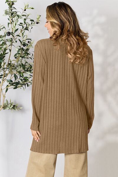 Basic Bae Full Size Ribbed Open Front Cardigan in a stylish ribbed design with pockets, showcasing its comfortable fit and versatile style.