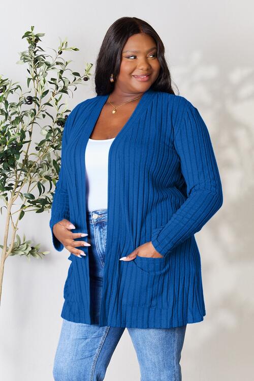 Basic Bae Full Size Ribbed Open Front Cardigan in a stylish ribbed design with pockets, showcasing its comfortable fit and versatile style.