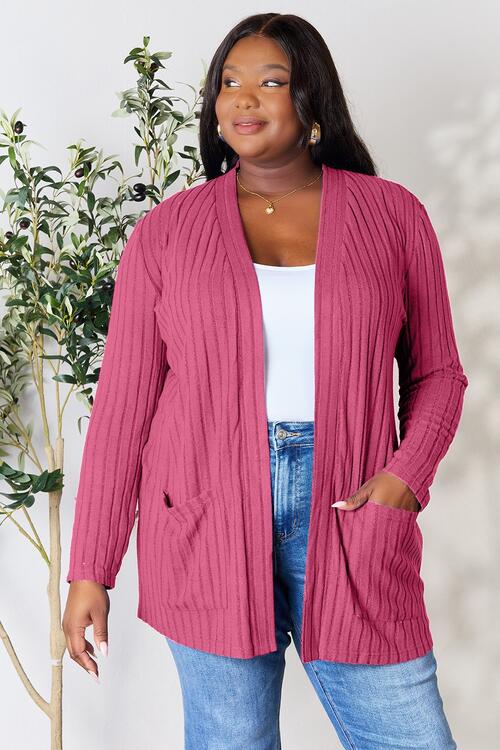 Basic Bae Full Size Ribbed Open Front Cardigan in a stylish ribbed design with pockets, showcasing its comfortable fit and versatile style.