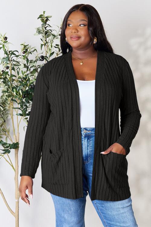 Basic Bae Full Size Ribbed Open Front Cardigan in a stylish ribbed design with pockets, showcasing its comfortable fit and versatile style.