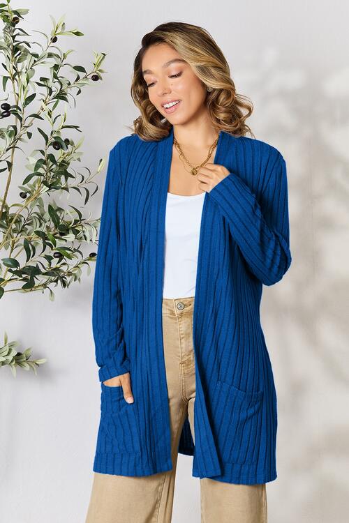 Basic Bae Full Size Ribbed Open Front Cardigan in a stylish ribbed design with pockets, showcasing its comfortable fit and versatile style.