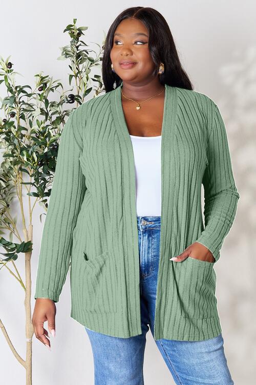 Basic Bae Full Size Ribbed Open Front Cardigan in a stylish ribbed design with pockets, showcasing its comfortable fit and versatile style.