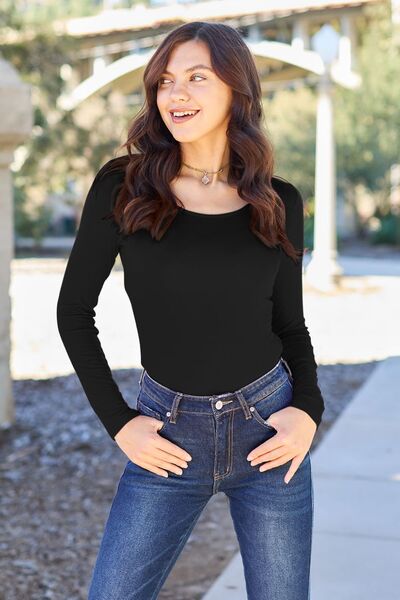 Basic Bae Full Size Round Neck Long Sleeve Bodysuit in black, showcasing its round neck and long sleeves, perfect for versatile styling.