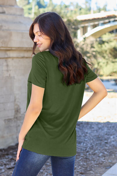 Basic Bae Full Size V-Neck Short Sleeve T-Shirt in various sizes, showcasing its stylish design and fabric texture.