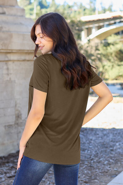Basic Bae Full Size V-Neck Short Sleeve T-Shirt in various sizes, showcasing its stylish design and fabric texture.