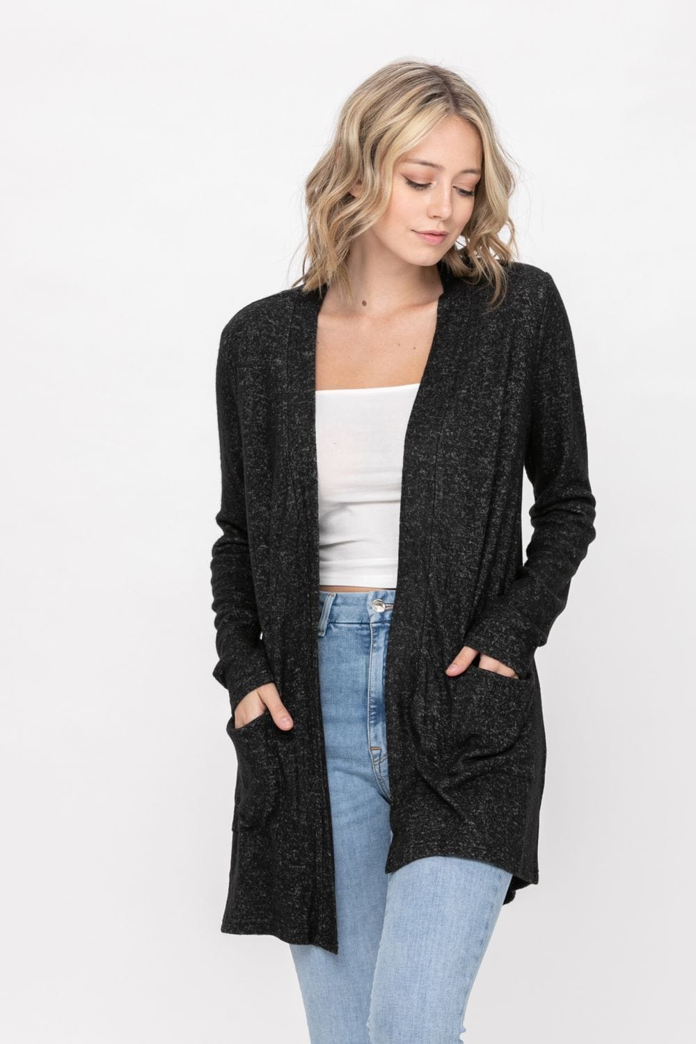 A lightweight Basic Open Front Long Sleeve Soft Knit Cardigan Sweater in a soft brushed fabric, featuring an open front and double pockets.