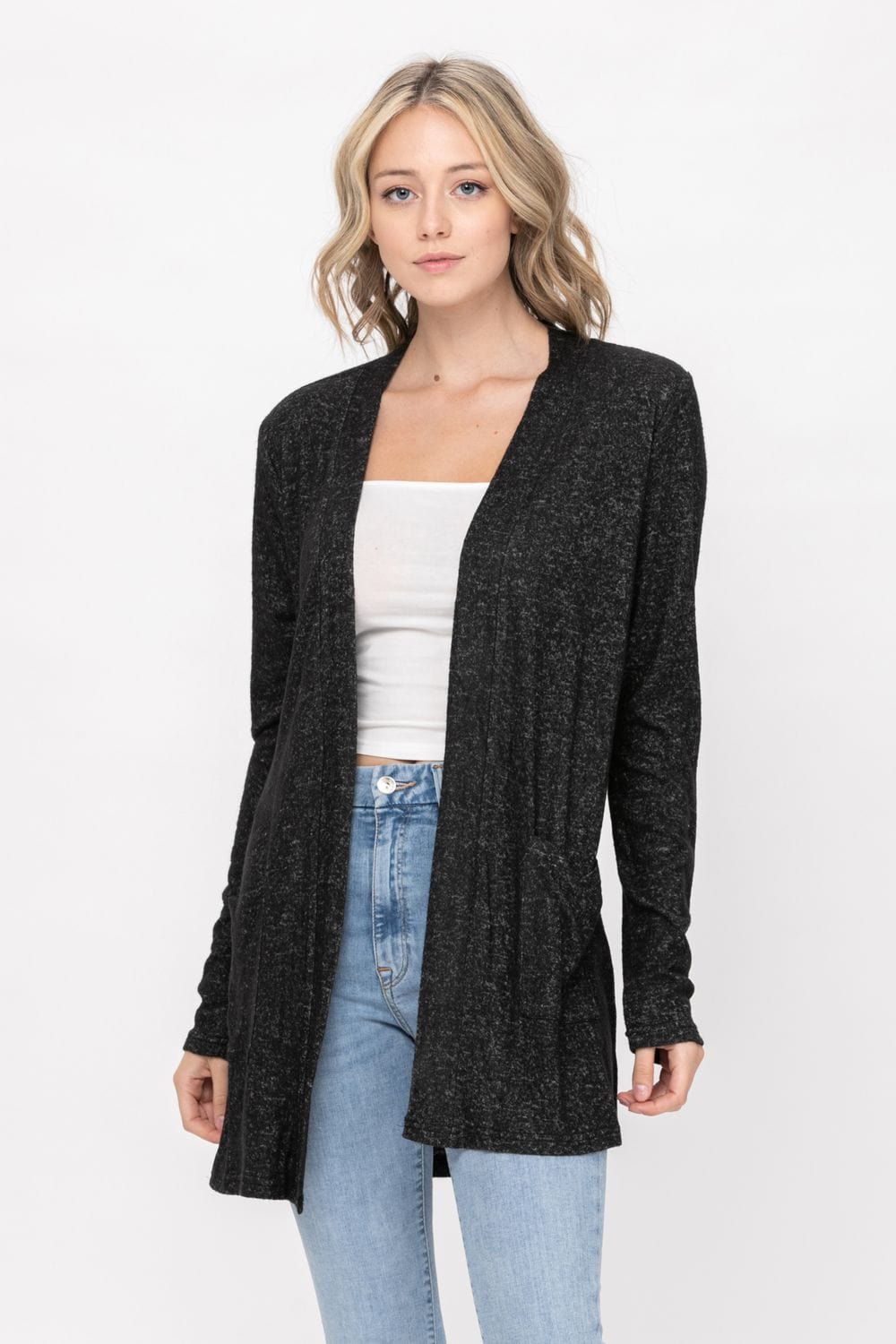 A lightweight Basic Open Front Long Sleeve Soft Knit Cardigan Sweater in a soft brushed fabric, featuring an open front and double pockets.