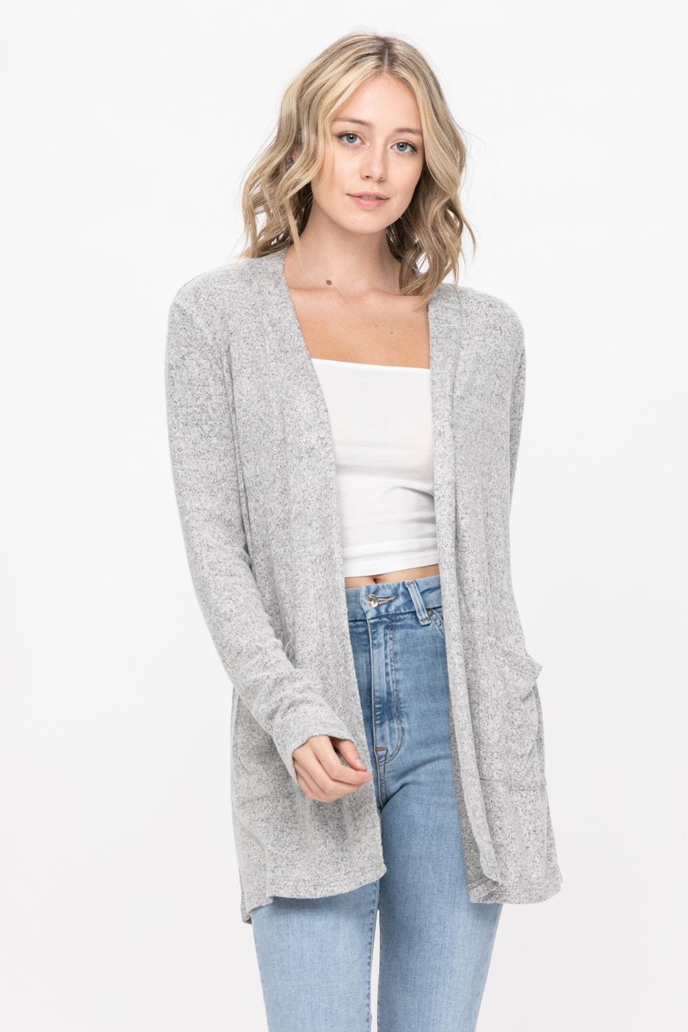 A lightweight Basic Open Front Long Sleeve Soft Knit Cardigan Sweater in a soft brushed fabric, featuring an open front and double pockets.