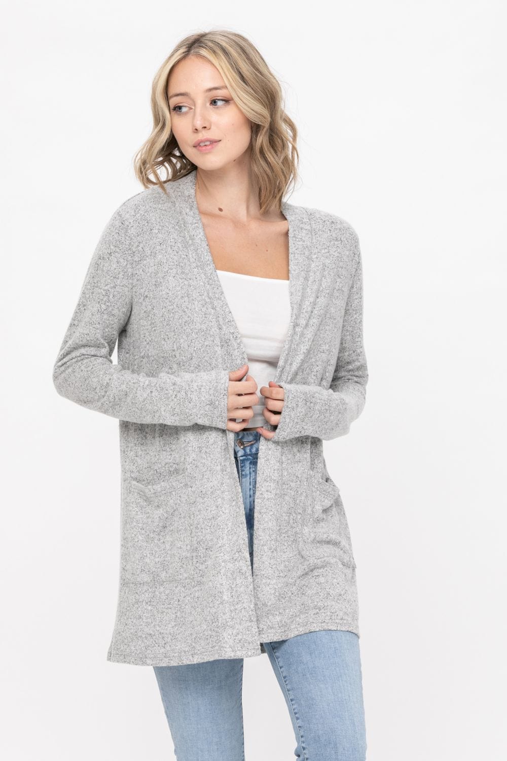 A lightweight Basic Open Front Long Sleeve Soft Knit Cardigan Sweater in a soft brushed fabric, featuring an open front and double pockets.