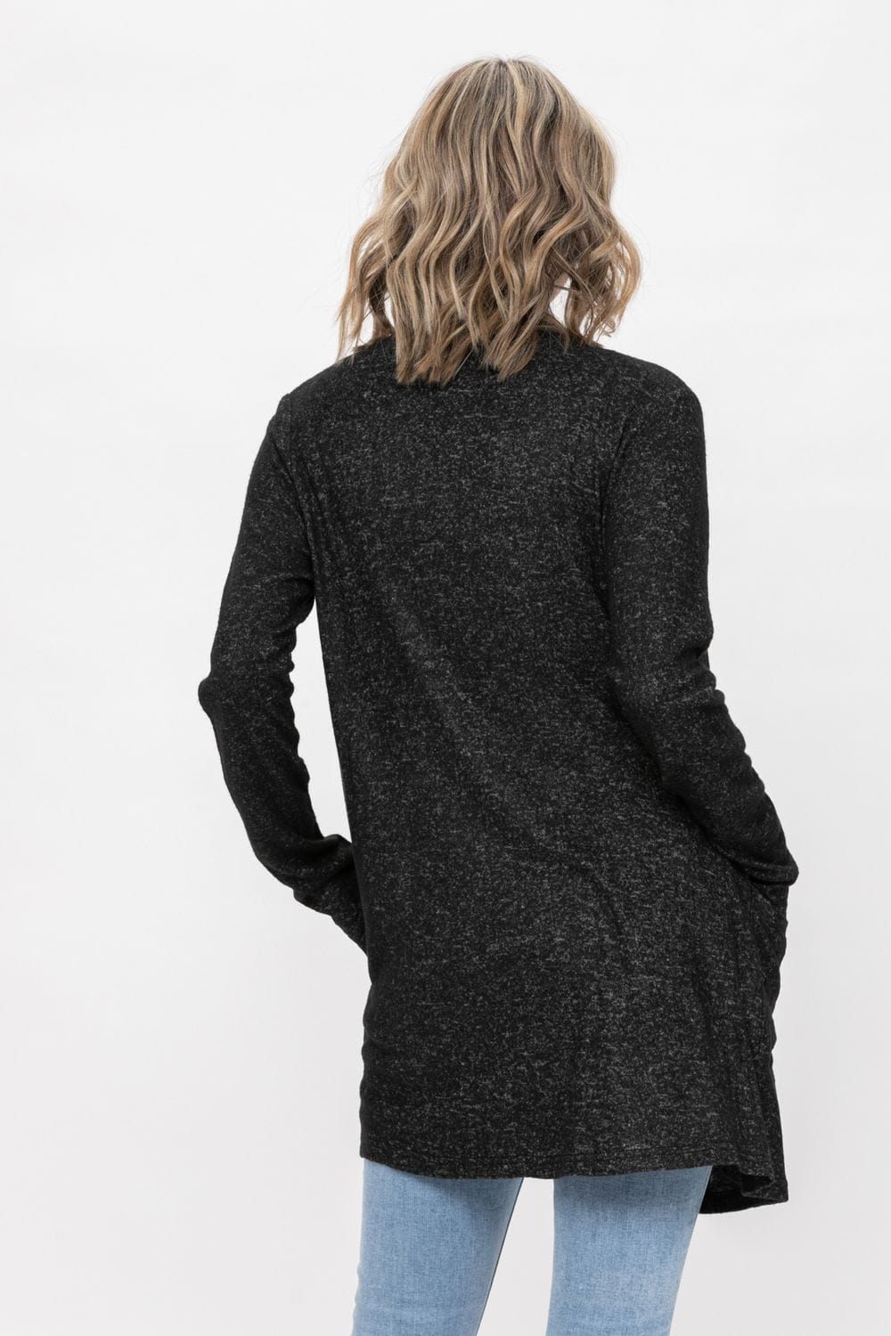 A lightweight Basic Open Front Long Sleeve Soft Knit Cardigan Sweater in a soft brushed fabric, featuring an open front and double pockets.