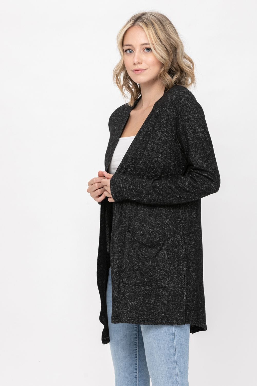 A lightweight Basic Open Front Long Sleeve Soft Knit Cardigan Sweater in a soft brushed fabric, featuring an open front and double pockets.