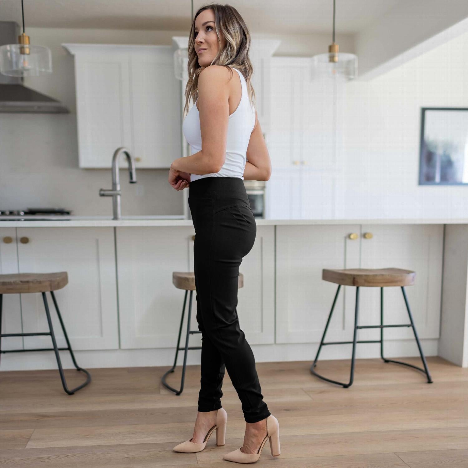 Basic Skinny Pants in various dark and warm colors, showcasing a high-waist design and tapered hem.