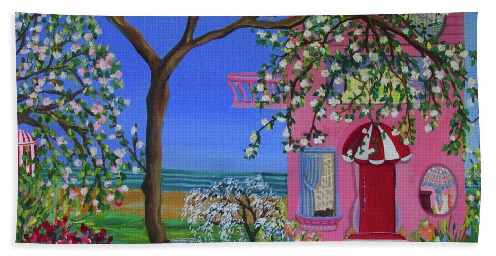 Beach House Cottage beach towel featuring soft brushed microfiber and a white cotton back, showcasing a vibrant printed design on the top.