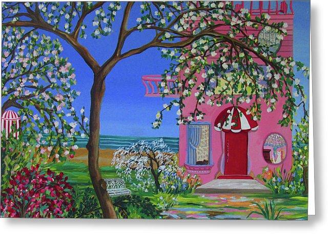 Beach House Cottage greeting card featuring a serene coastal design, measuring 5" x 7", with a semi-gloss finish and customizable interior.