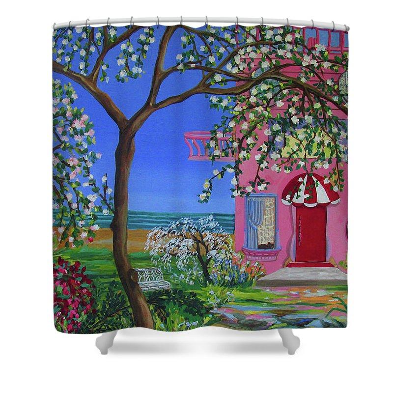 Beach House Cottage shower curtain made of 100% polyester, featuring a coastal design with 12 hanging holes for easy installation.