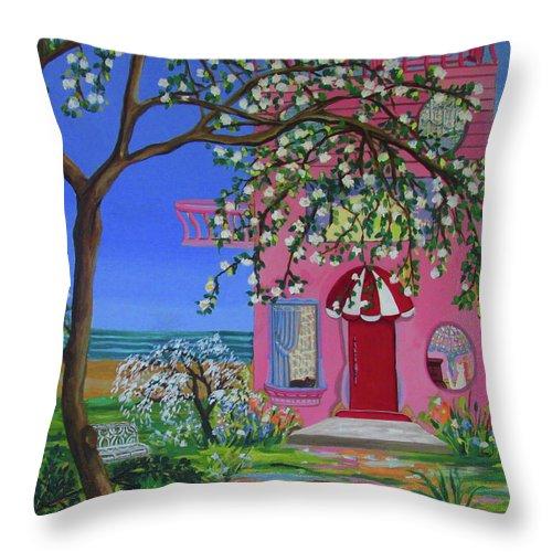 Beach House Cottage throw pillow featuring vibrant coastal design on durable polyester fabric, available in various sizes.