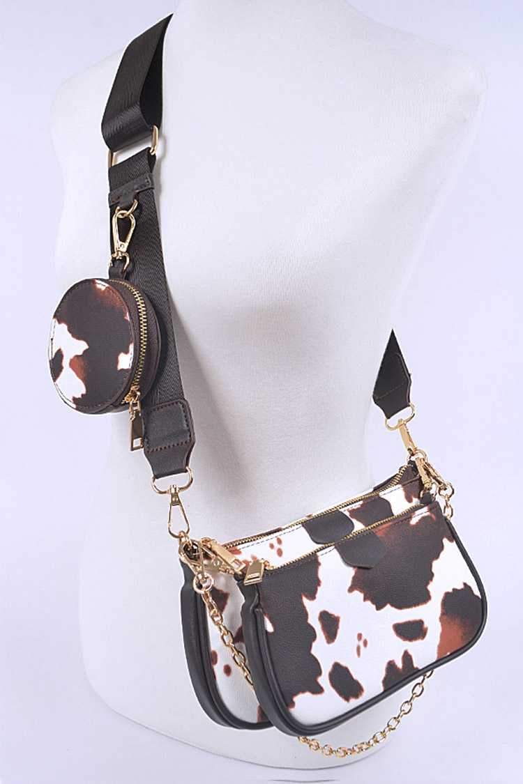 Beau Bag Set featuring three stylish crossbody bags in varying sizes, made from durable polyurethane with mixed metal accents.