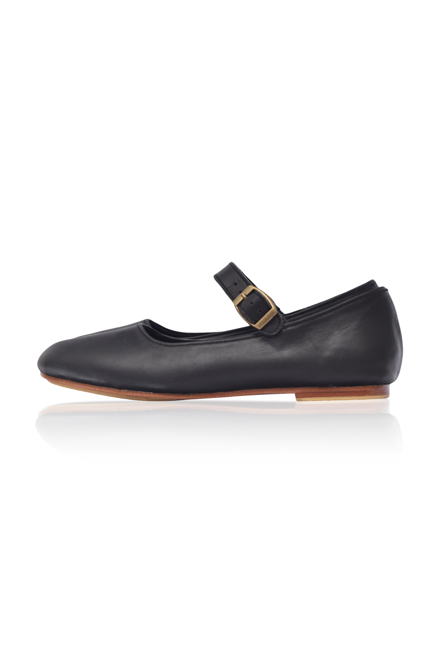 Belle Rose Round Toe Leather Flats in supple leather with adjustable buckle strap, showcasing a classic round toe design.