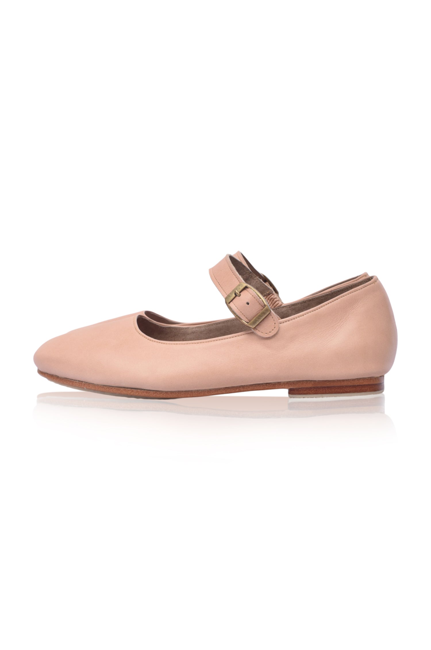 Belle Rose Round Toe Leather Flats in supple leather with adjustable buckle strap, showcasing a classic round toe design.